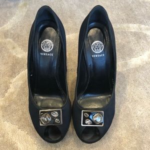 VERSACE Peep Toe Satin Platform Pumps